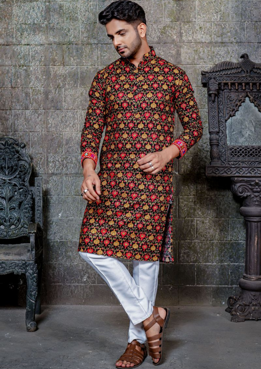 Appealing Multi Color Print And Lace Work Men's Kurta With Pajama Pant