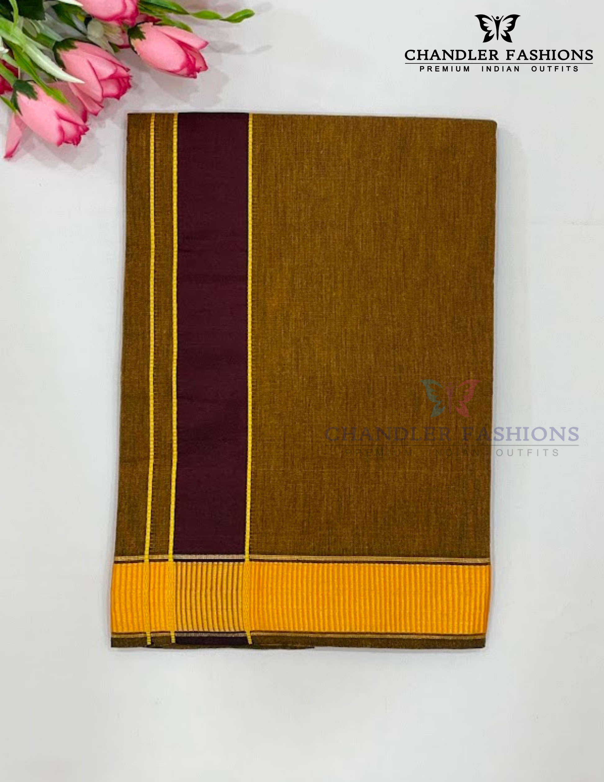 Alluring Men's Mustard Yellow Color Cotton Dhoti With Maroon Border