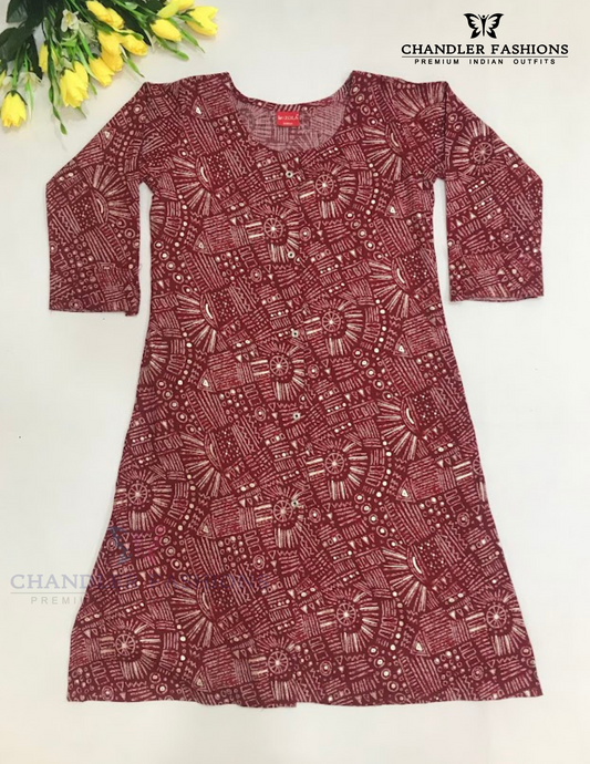 Beautiful Maroon Color Rayon With Printed Work Kurti For Girls