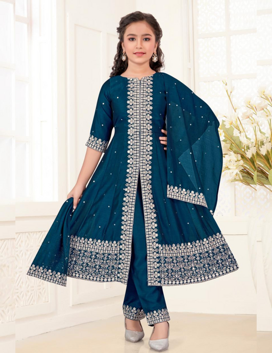 Elegant Teal Blue Color Satin Embroidery Work Kurti Suits With Dupatta Set For Girls