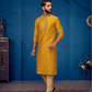 Elegant Mustard Yellow Color Slub Silk Embroidery Work Kurta Pajama Set For Men