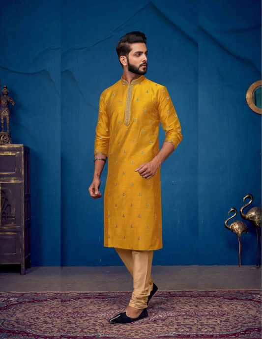 Elegant Mustard Yellow Color Slub Silk Embroidery Work Kurta Pajama Set For Men