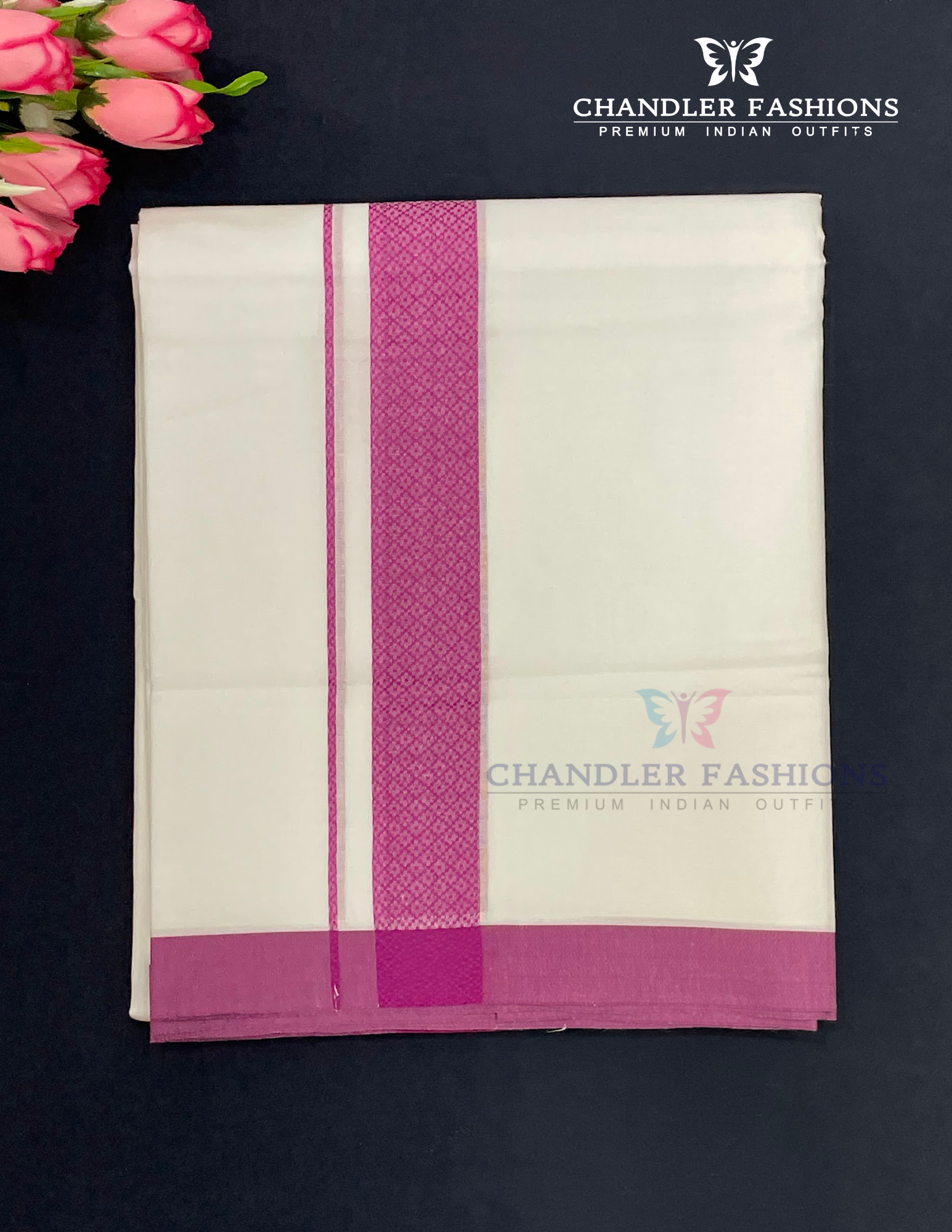 Stunning Men's White Color Cotton Dhoti With Purple Border