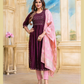 Charming Violet Colored Fancy Naira Kurti With Pant And Fancy Dupatta