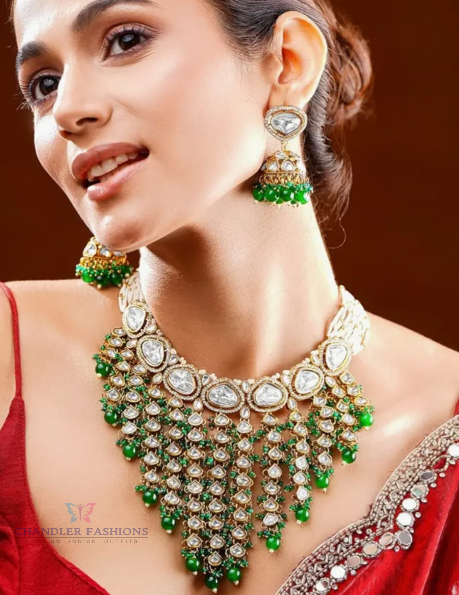 Glamorous White Stones With Green Pearl And Unique Design Choker Set For Women