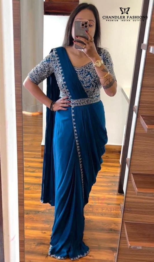 Stunning Teal Blue Colored Chinon Ready To Wear Saree With Embroidery Work Belt