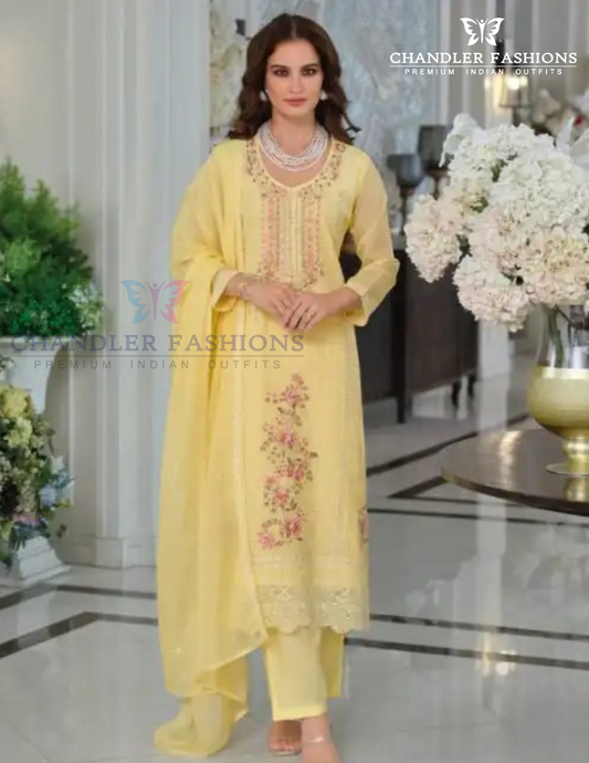 Fanciable Light Yellow Color Chinon With Embroidery Work Salwar Suits For Women