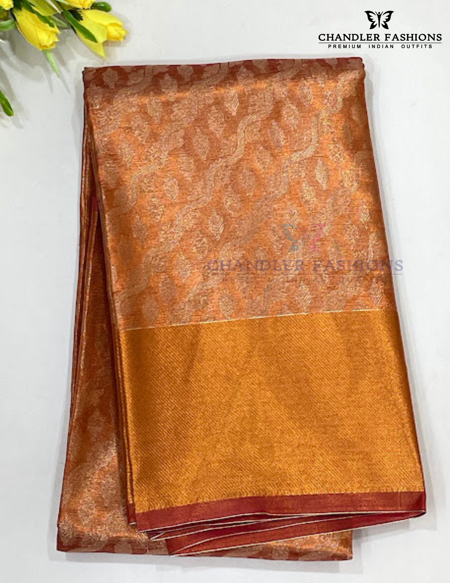 Attractive Copper Color Tissue Silk Saree With Zari Work For Women
