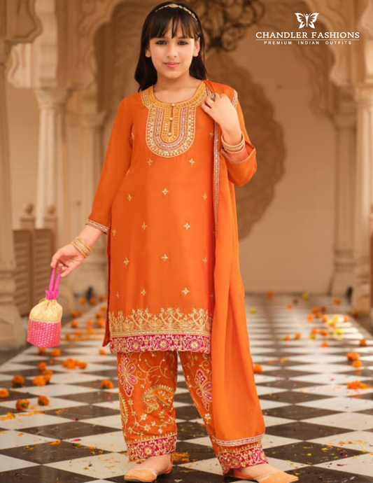 Stunning Orange Color Chinon With Embroidery Work Kurtis Suits For Girls