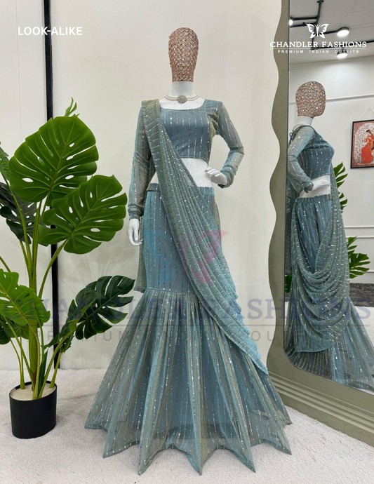 Attractive Teal Blue Color Sequins Work Lehenga Saree For Women