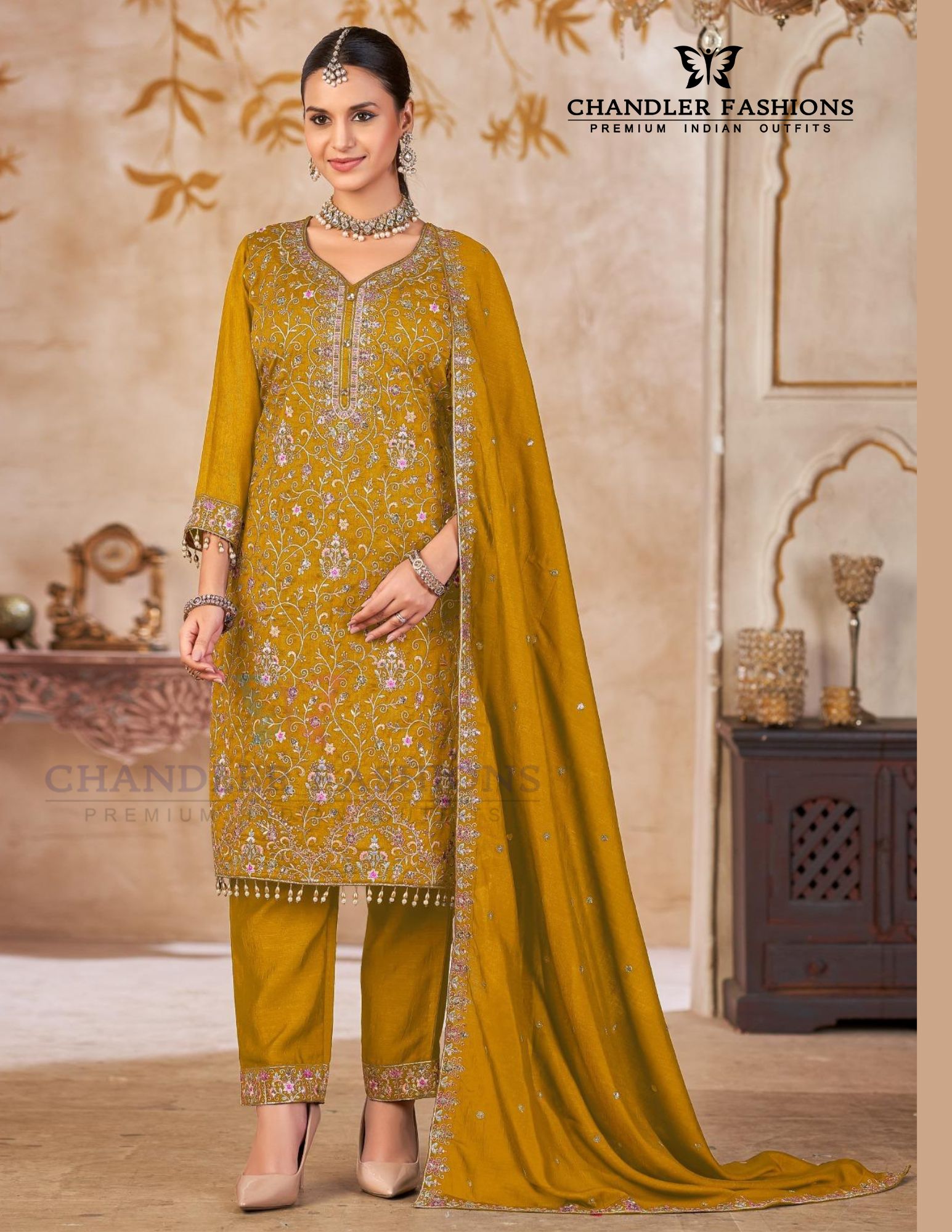 Attractive Mustard Yellow Color Vichitra Silk With Heavy Embroidery Work Salwar Suits For Women