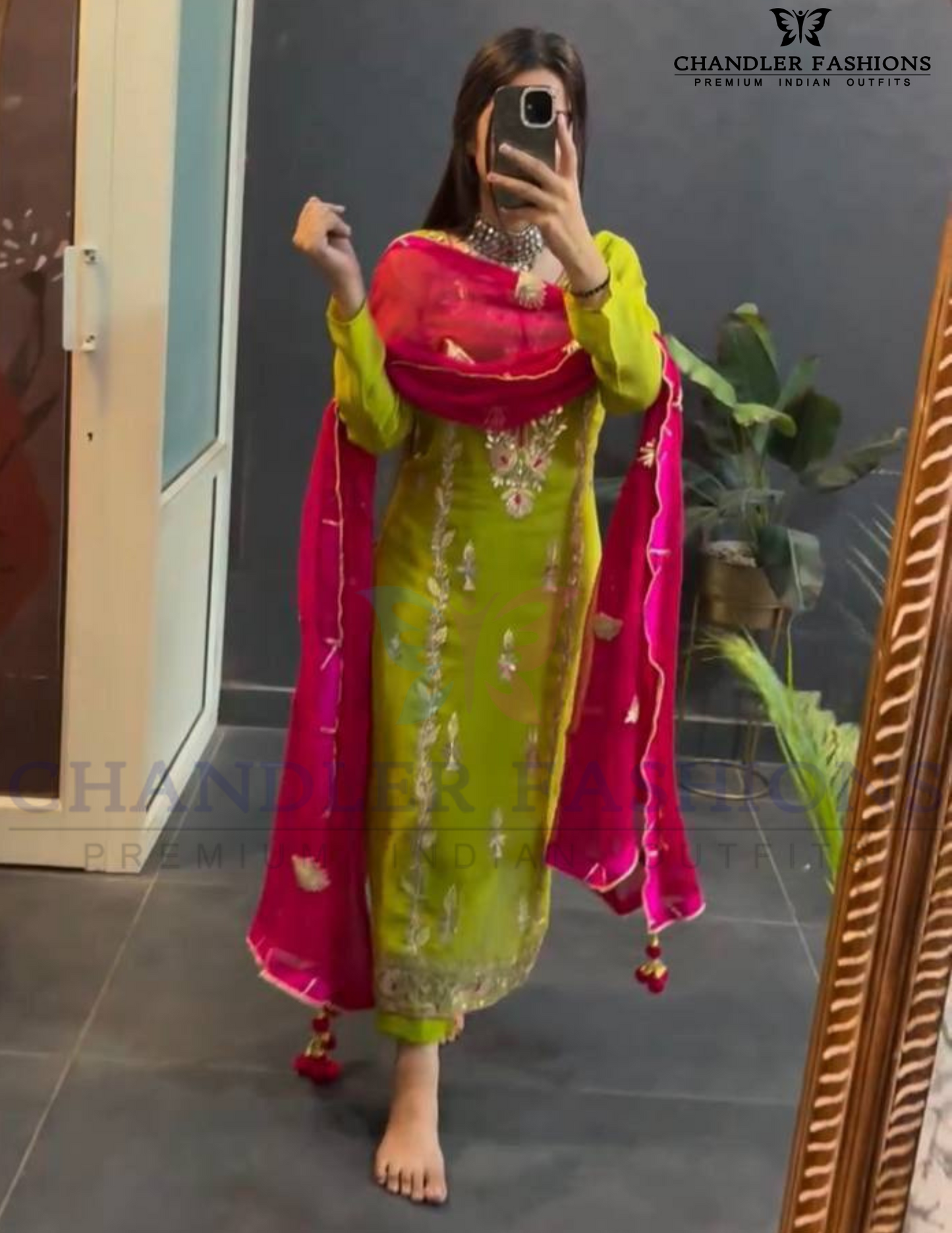 Alluring Lime Green Color Chinon Silk Embroidery Work Salwar Suits With Dupatta Set