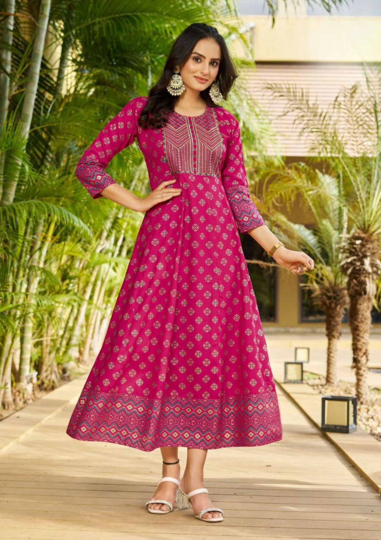 Gorgeous Pink Color Rayon Foil Print Anarkali Gown With Embroidery Work