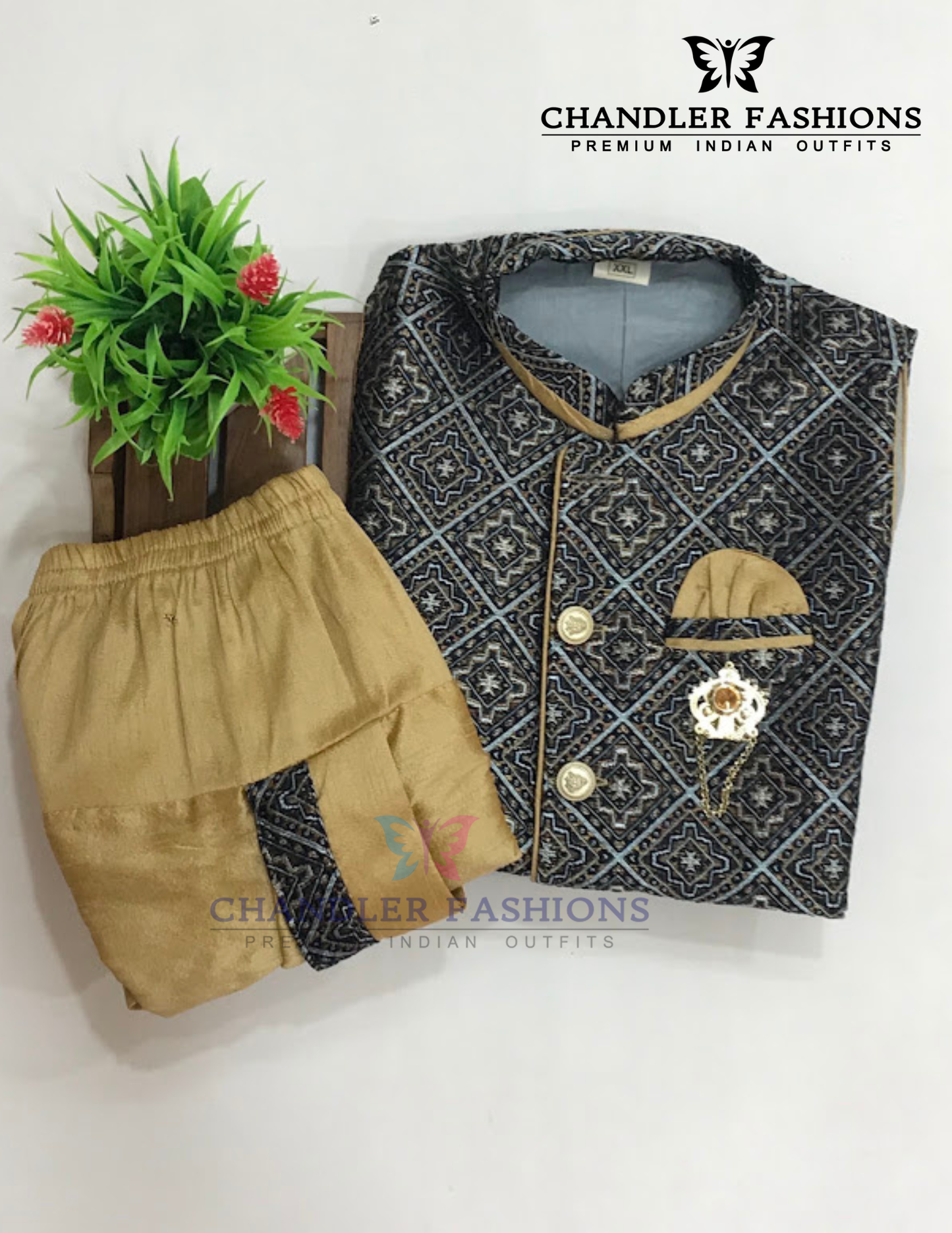 Blue Color Silk Cotton Sherwani Suit With Brooch Pin In USA