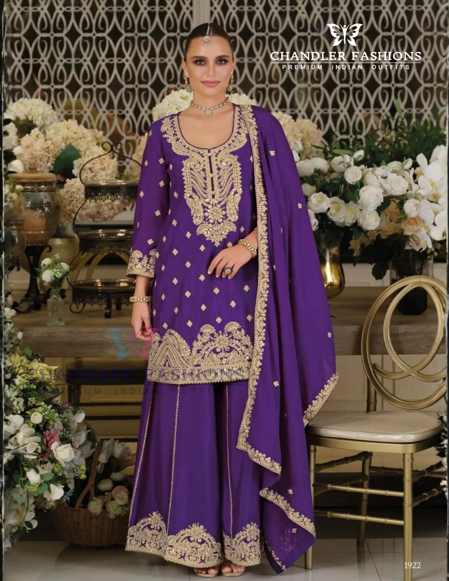 Gorgeous Violet Color Chinon Silk Sequins And Embroidery Work Palazzo Suits For Women