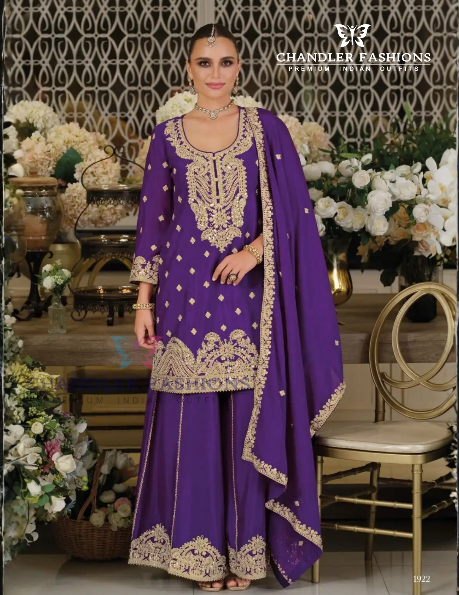 Gorgeous Violet Color Chinon Silk Sequins And Embroidery Work Palazzo Suits For Women