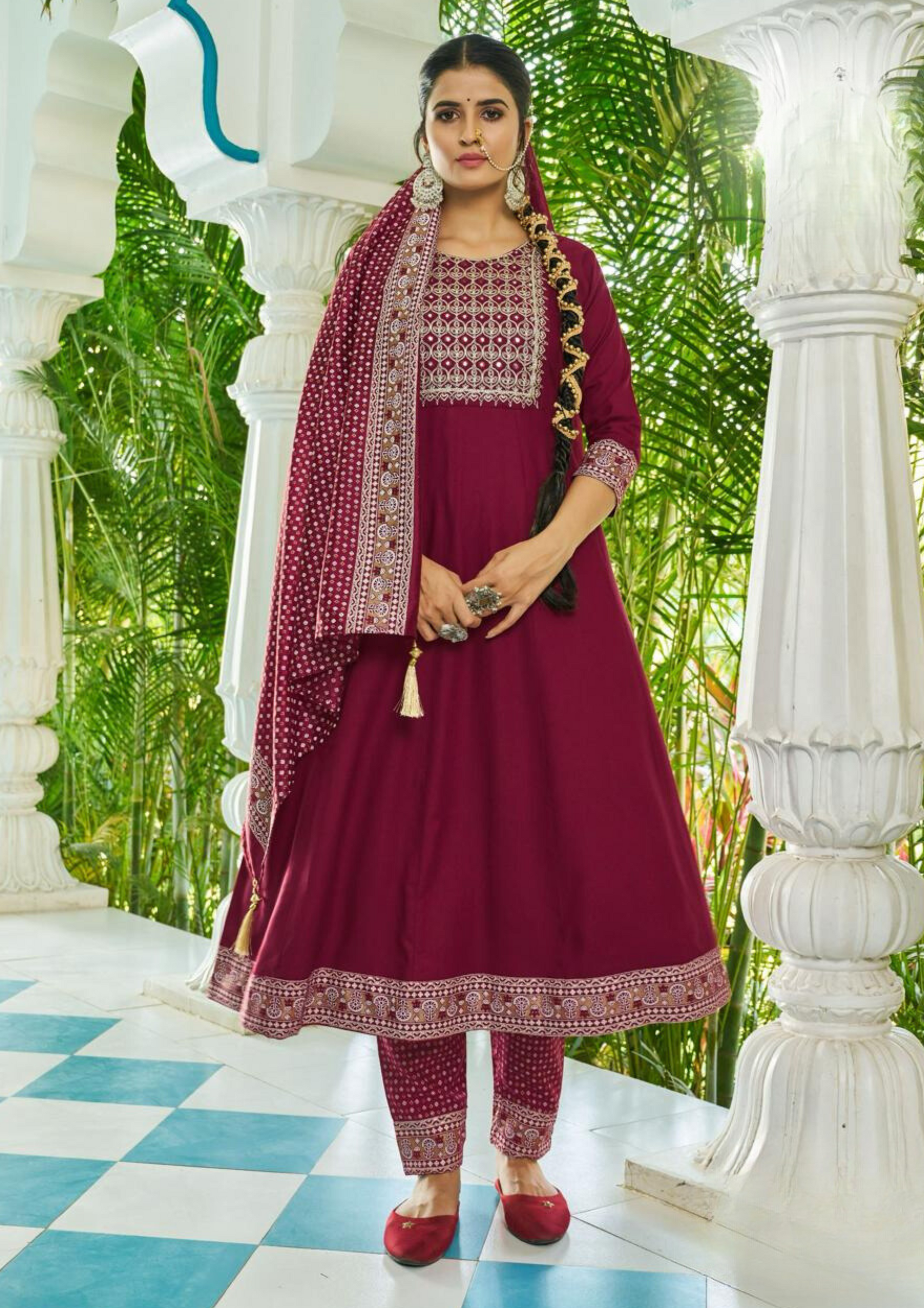 Gorgeous Maroon Color Rayon Foil Print And Embroidery work Salwar Suits For Women