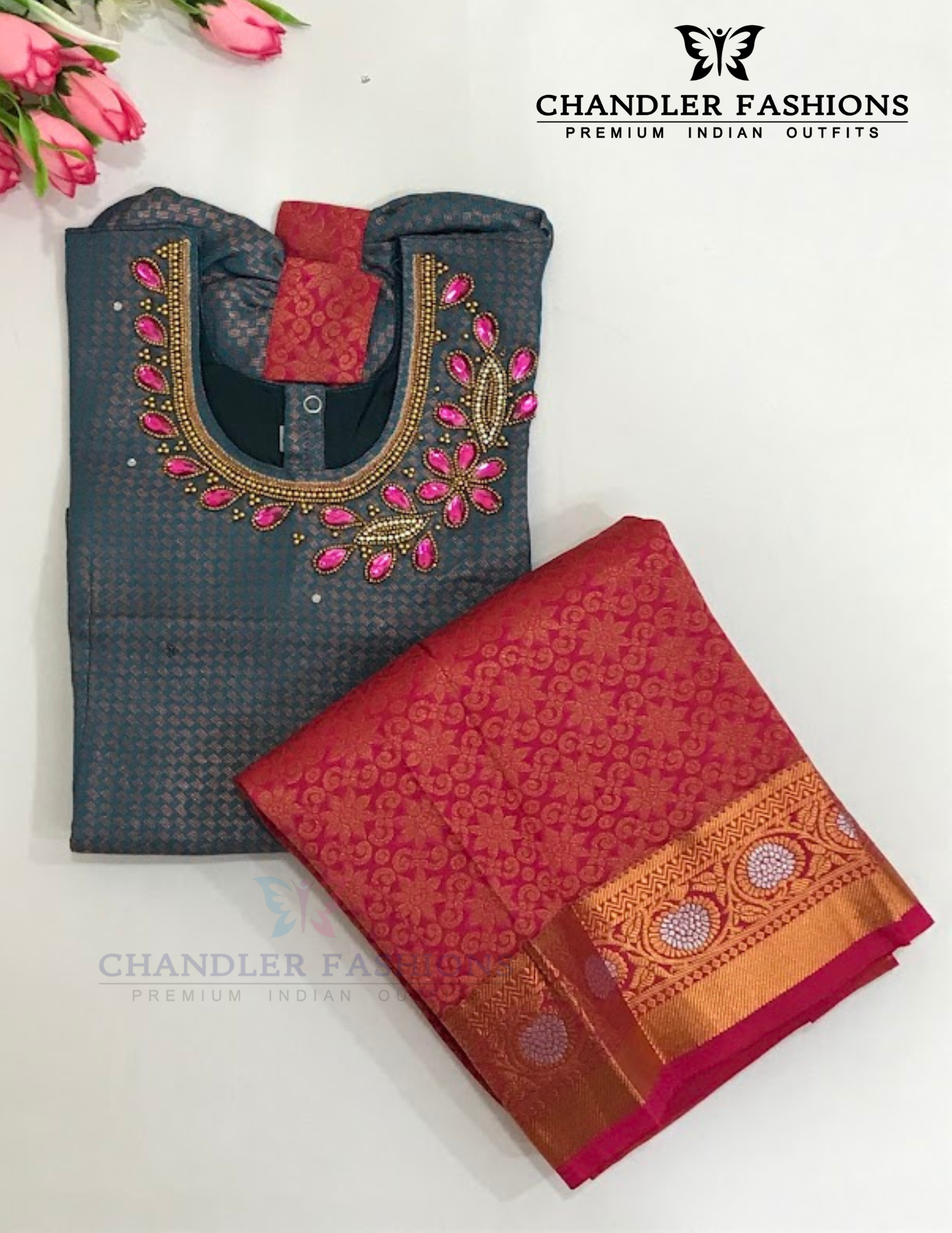 Appealing Green And Pink Color Stone Work With Silk Langa set For Girls Near Me