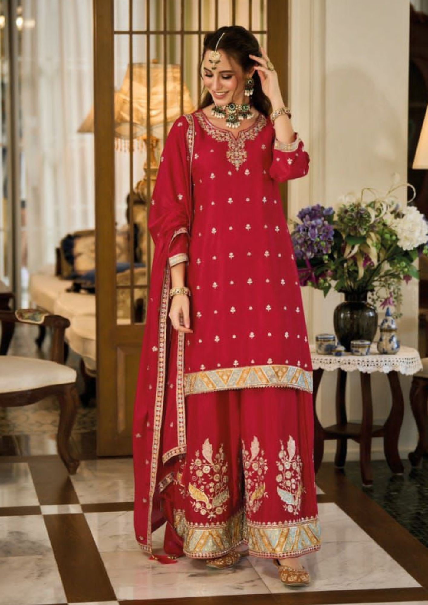 Charming Red Color Embroidery Front And Back Work Palazzo Suits In Mesa