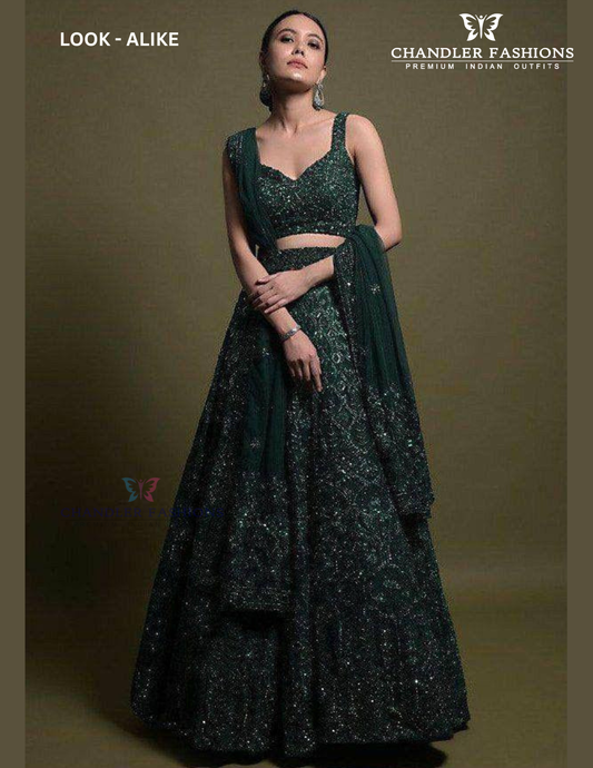 Fabulous Dark Green Color Net With Sequins Thread And Dori Work Lehenga For Women