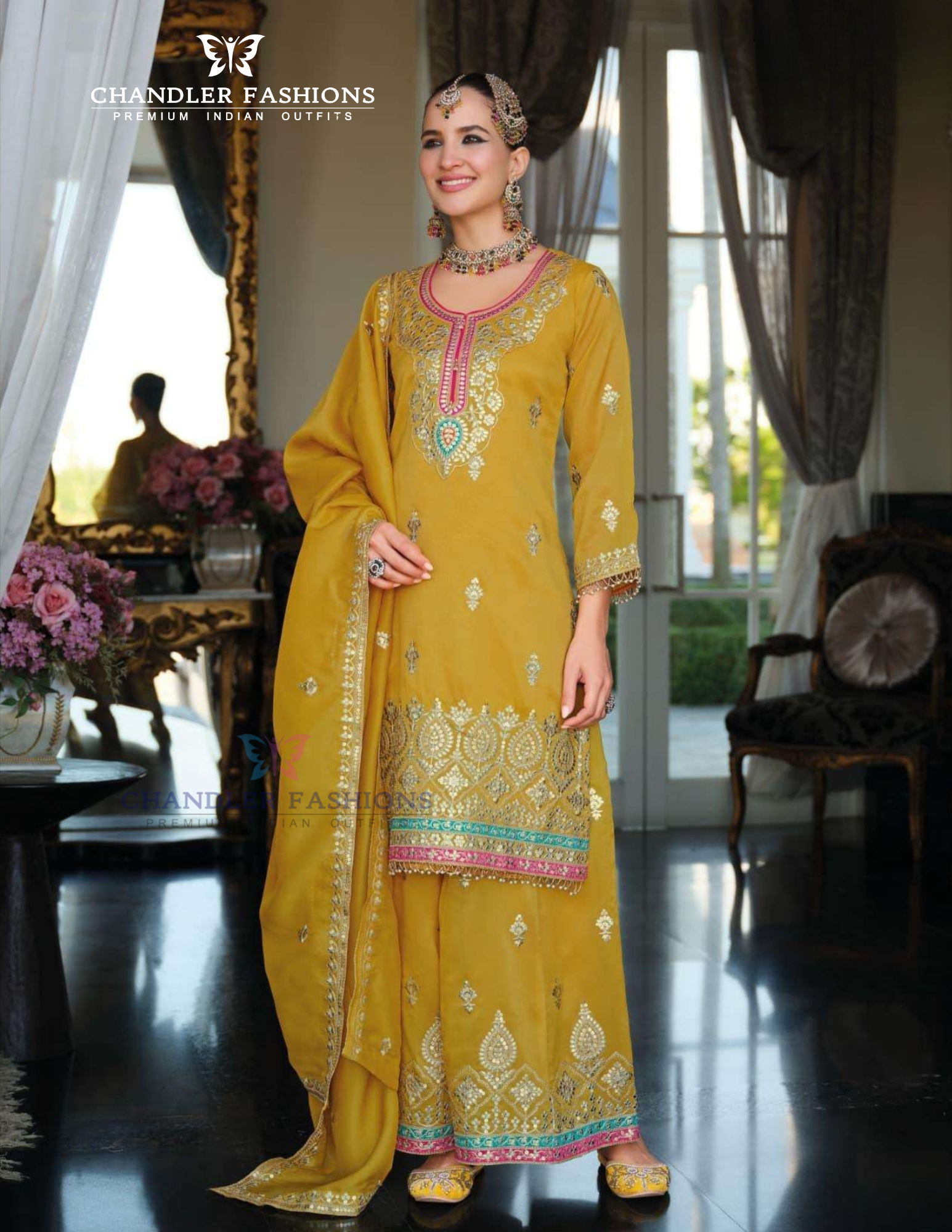 Appealing Yellow Color Shimmer With Embroidery Work Palazzo Suits For Women