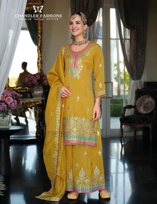 Appealing Yellow Color Shimmer With Embroidery Work Palazzo Suits For Women