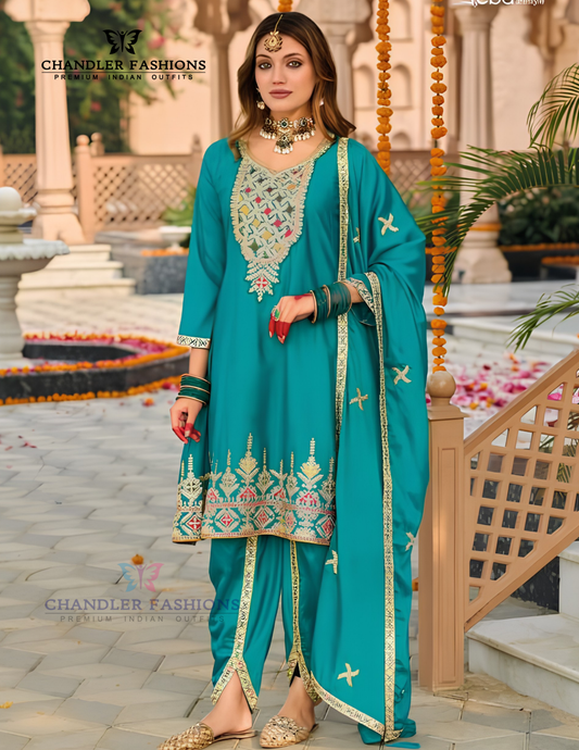 Gorgeous Teal Green Color Heavy Chinon With Embroidery Work Kurti Suits For Women