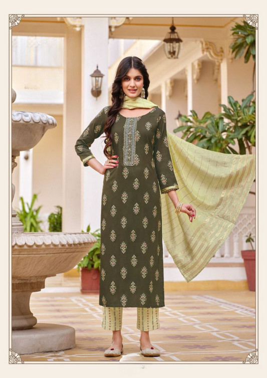 Wonderful Menendi Green color Rayon With Classy Gold Print Fancy Embroidery Work