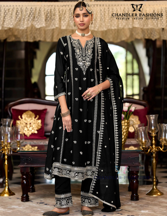 Stunning Black Color Heavy Chinon With Embroidery Work Salwar Suits