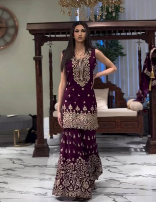Elegant Wine Color Faux Georgette Sharara Suit With Sleeves  Heavy Embroidery Sequins Work For Women