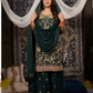 Charming Dark Green Color Chinon With Embroidery Work Sharara Suits With Dupatta