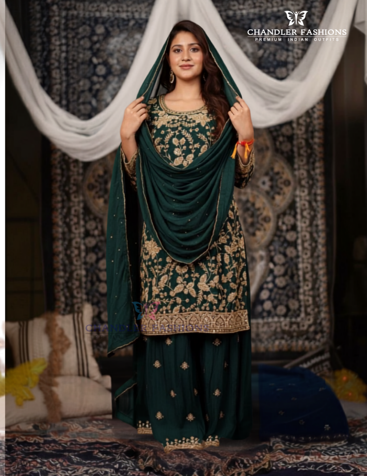 Charming Dark Green Color Chinon With Embroidery Work Sharara Suits With Dupatta