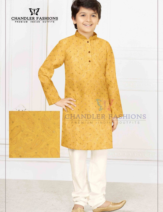 Wonderful Mustard Yellow Color Poly Cotton With Print Work Kurta And Pajama Set For Kids