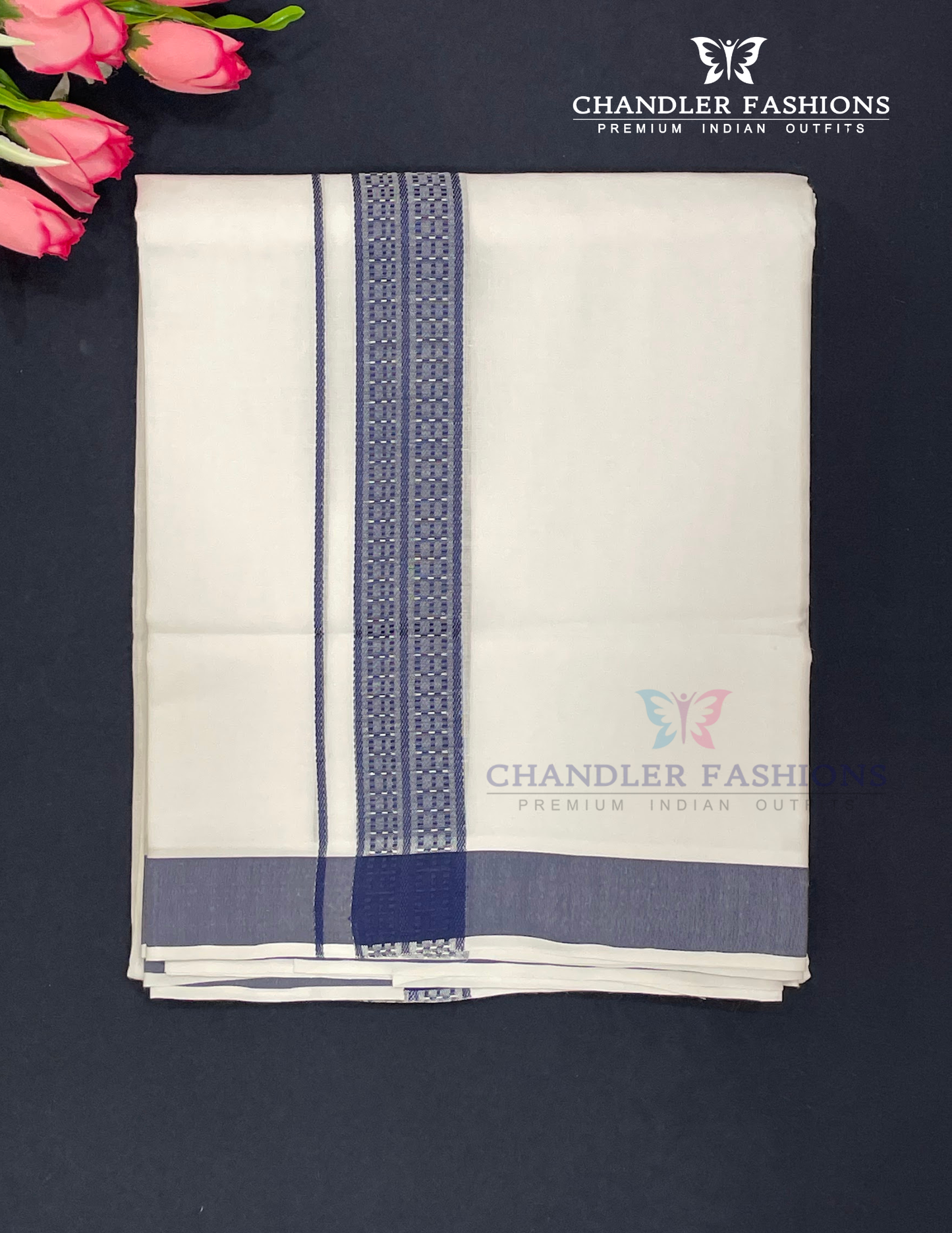 Gorgeous Men's White Color Cotton Dhoti With Blue Border