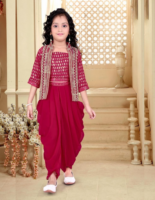 Attractive Red Color Viscose Silk Embroidered Dhoti Model Kurti Suits For Girls