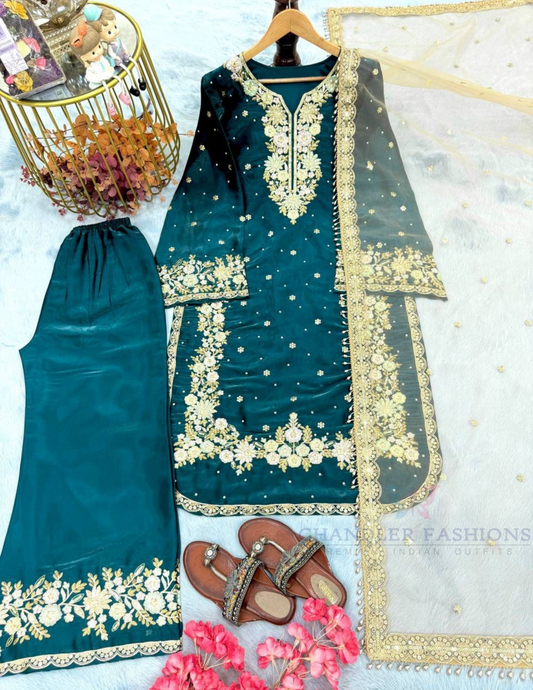 Elegant Teal Blue Color Palazzo Suits With Embroidery And Sequins Work For Women