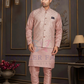 Pretty Peach Color Silk Mastani Kurta Mirror Work With Silk Pajama And Jacket Set For Men