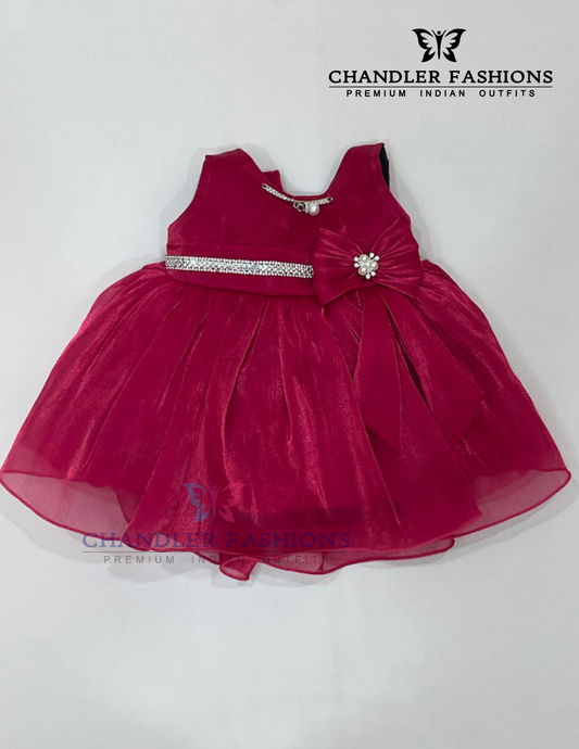 Graceful Dark Pink Color Organza With Stone Work Frock For Girls