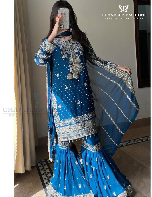 Appealing Blue Color Georgette Palazzo Suits With Embroidery And Sequins Work