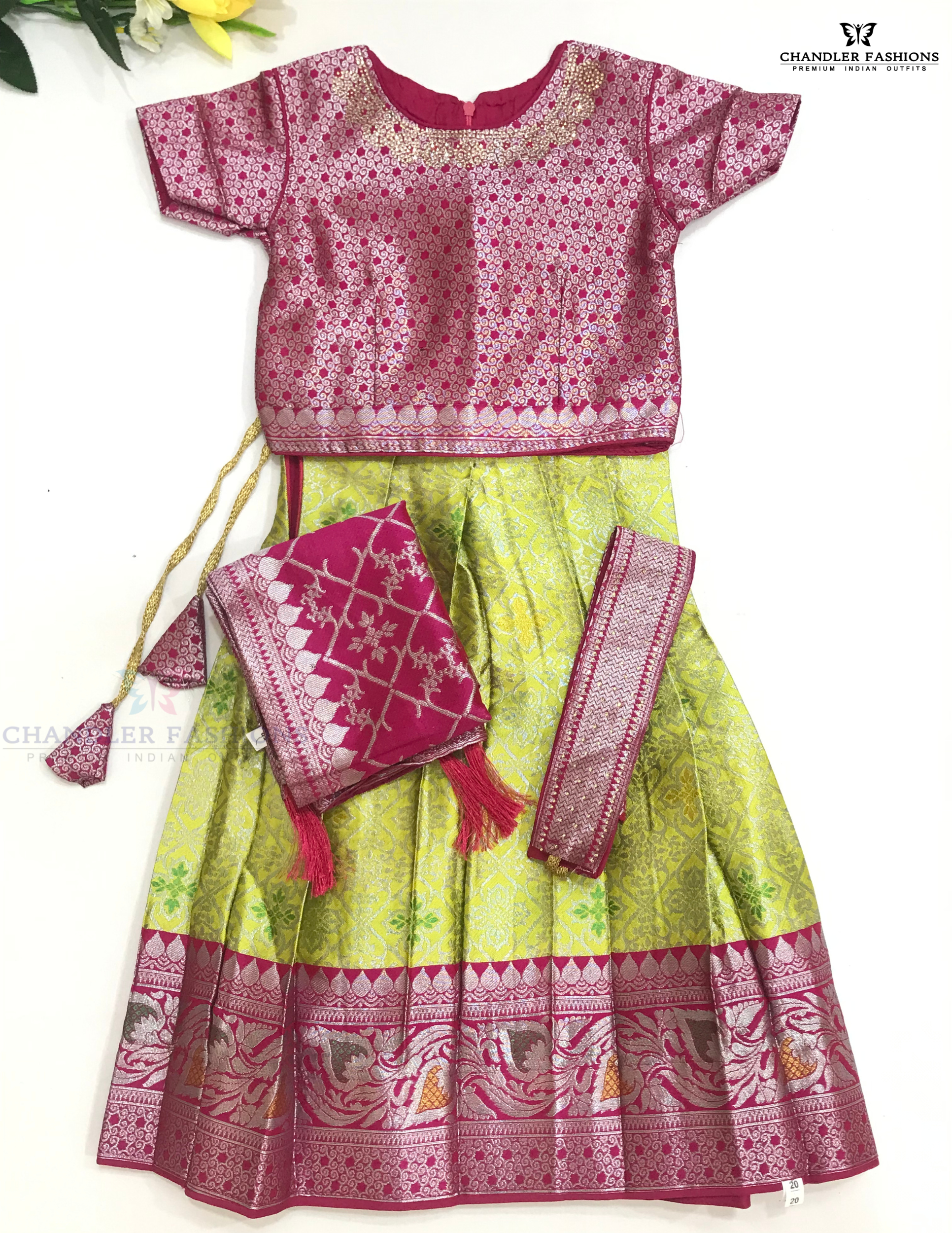Charming Pink And Light Green Colored Silk Choli Sets With Stone Work For Girls