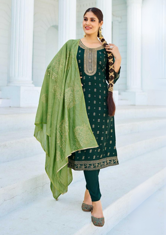 Appealing Green Color Rayon With Foil Print Kurti With Dupatta Sets For Women