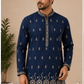 Delightful Navy Blue Color Cotton With Print Work Men's Kurta