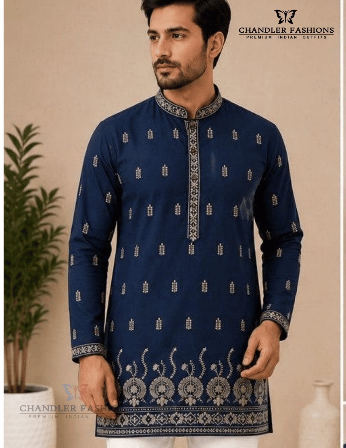 Delightful Navy Blue Color Cotton With Print Work Men's Kurta