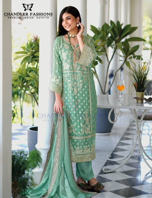 Attractive Green Color Soft Organza Embroidery Salwar Suits With Dupatta