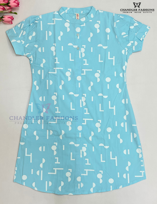 Alluring Sky Blue Colored Cotton Printed Work Kurti For Girls