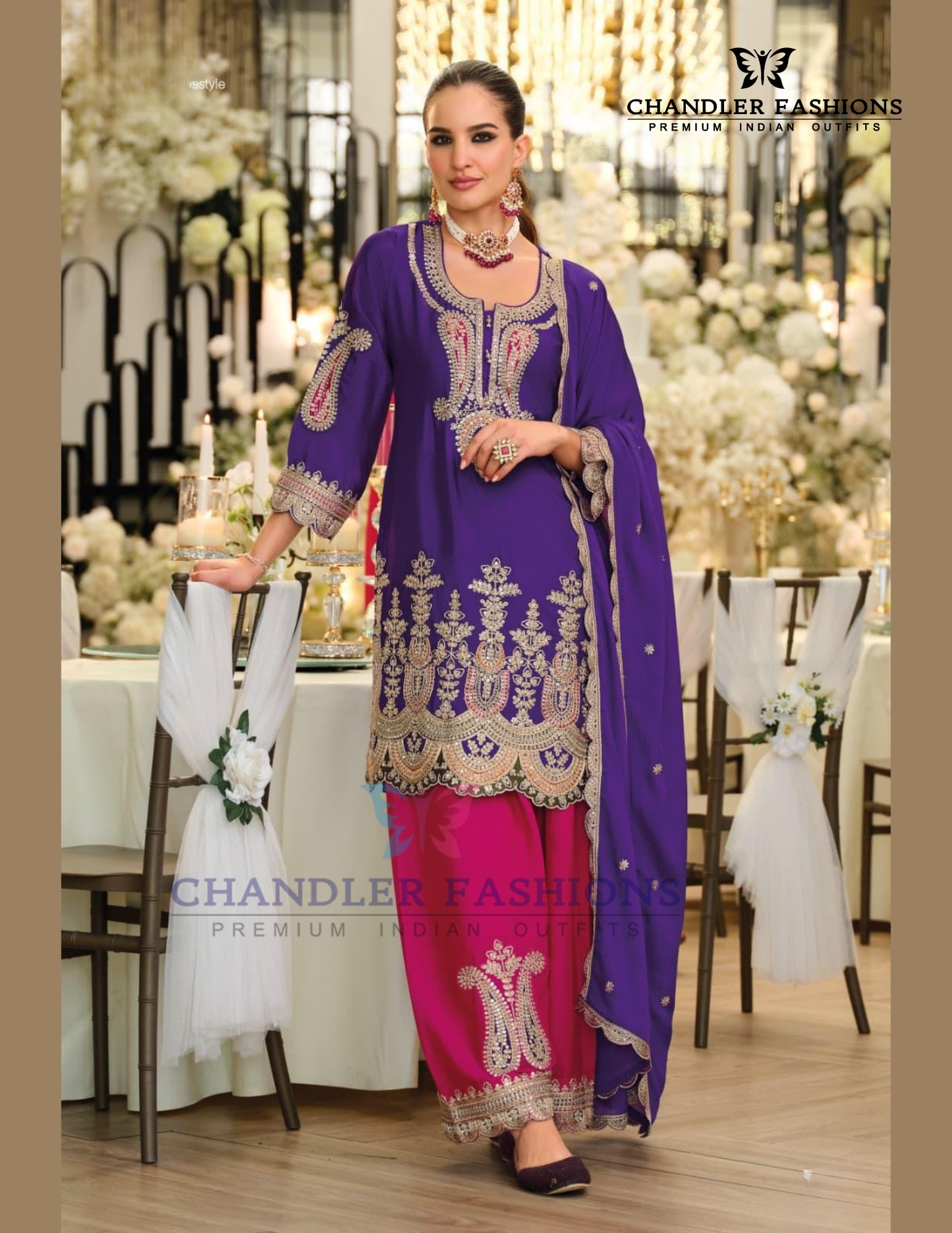 Purple Color Chinon With Embroidery Work Palazzo Suits And Dupatta Near Me