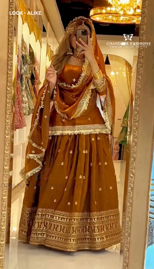 Alluring Mustard Brown Color Heavy Chinon Silk Lehenga Suit With Embroidery And Sequins Work