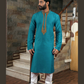 Beautiful Teal Blue Color Neck Embroidery Work Slub Silk Men's Kurta With Pajama Set