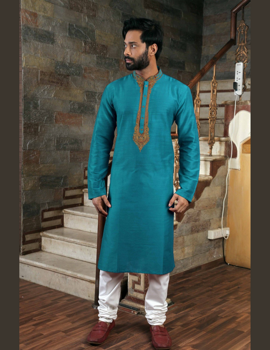 Beautiful Teal Blue Color Neck Embroidery Work Slub Silk Men's Kurta With Pajama Set