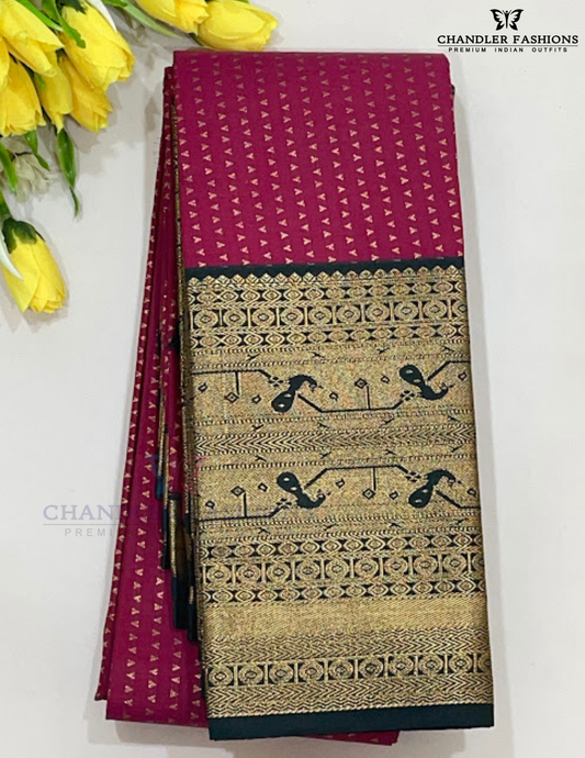 Attractive Dark Pink Color Pure Kanchi Silk With Bottle Green Color Peacock Motifs Border And Gold Zari Work Saree For Women